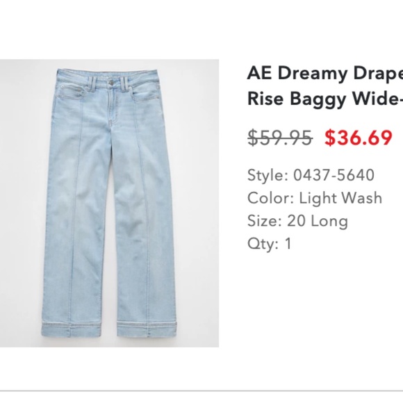 AE Dreamy Drape Low Rise Baggy Jeans 20 Long - Picture 1 of 1